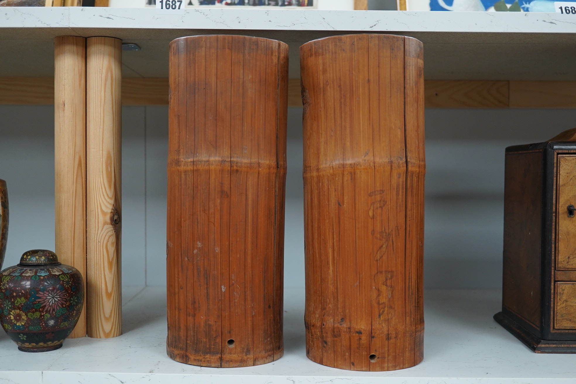 A pair of Chinese bamboo ‘seven sages of the bamboo grove’ brushpots, 33cm high. Condition - some splits